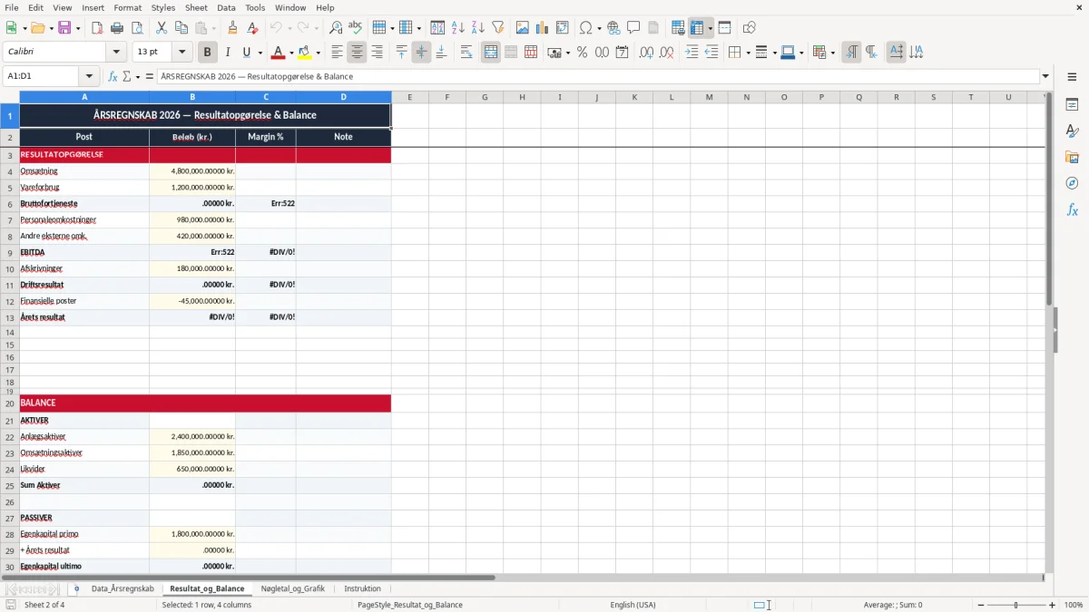 Skærmbillede 2: fanen Resultat_og_Balance - Excel-skabelon årsregnskab excel skabelon