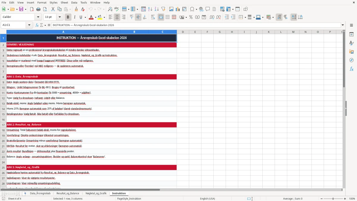 Skærmbillede 4: fanen Instruktion - Excel-skabelon årsregnskab excel skabelon