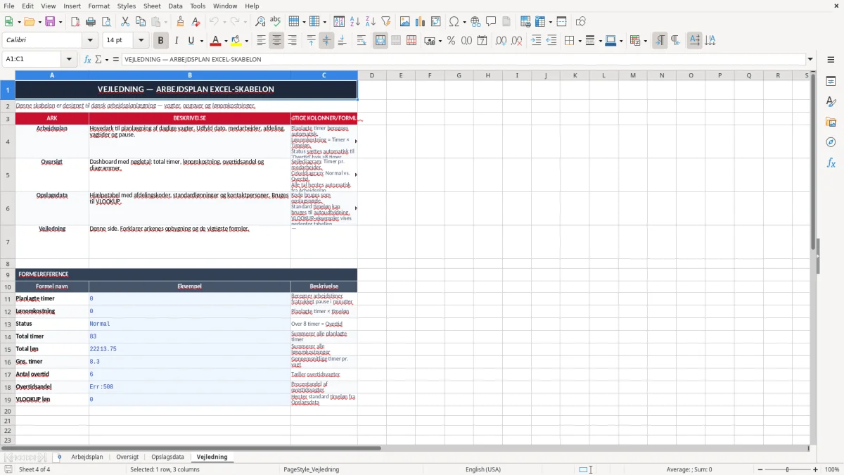 Skærmbillede 4: fanen Vejledning - Excel-skabelon arbejdsplan excel skabelon