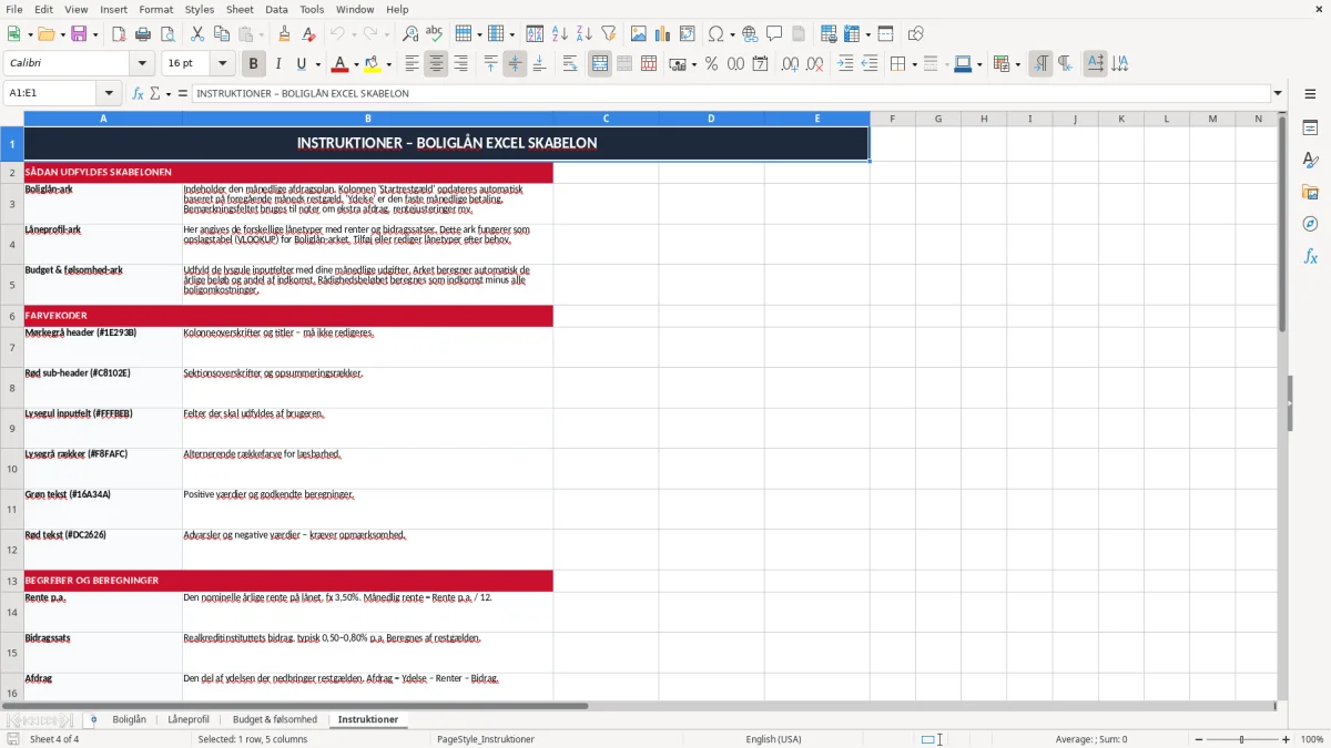 Skærmbillede 4: fanen Instruktioner - Excel-skabelon boliglån excel skabelon