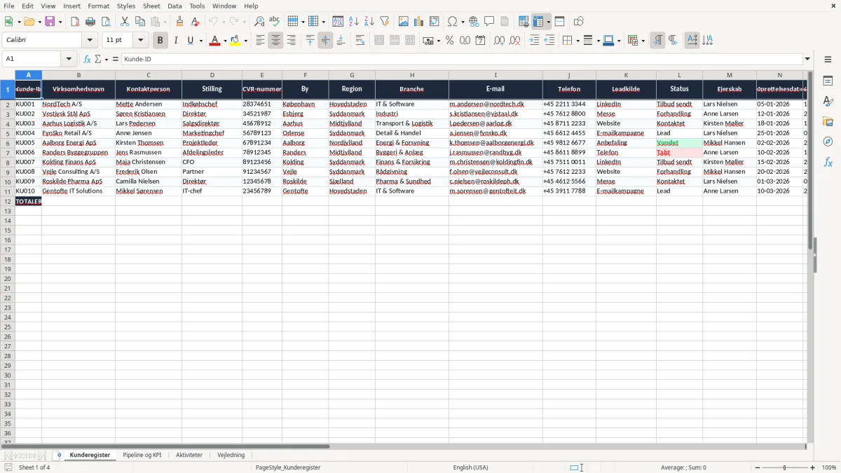 Skærmbillede 1: fanen Kunderegister - Excel-skabelon crm excel skabelon