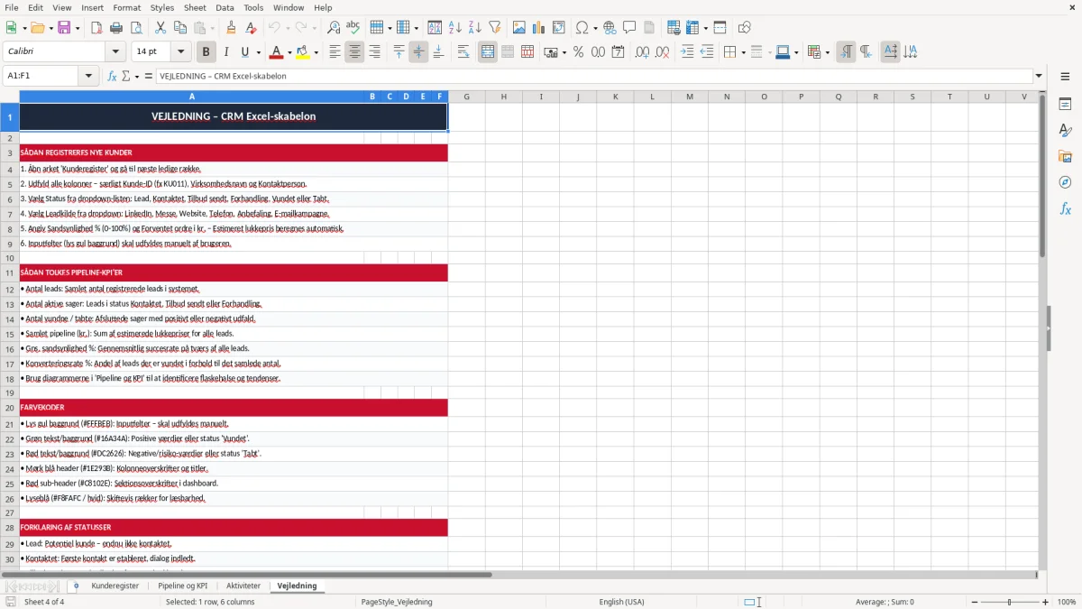 Skærmbillede 4: fanen Vejledning - Excel-skabelon crm excel skabelon