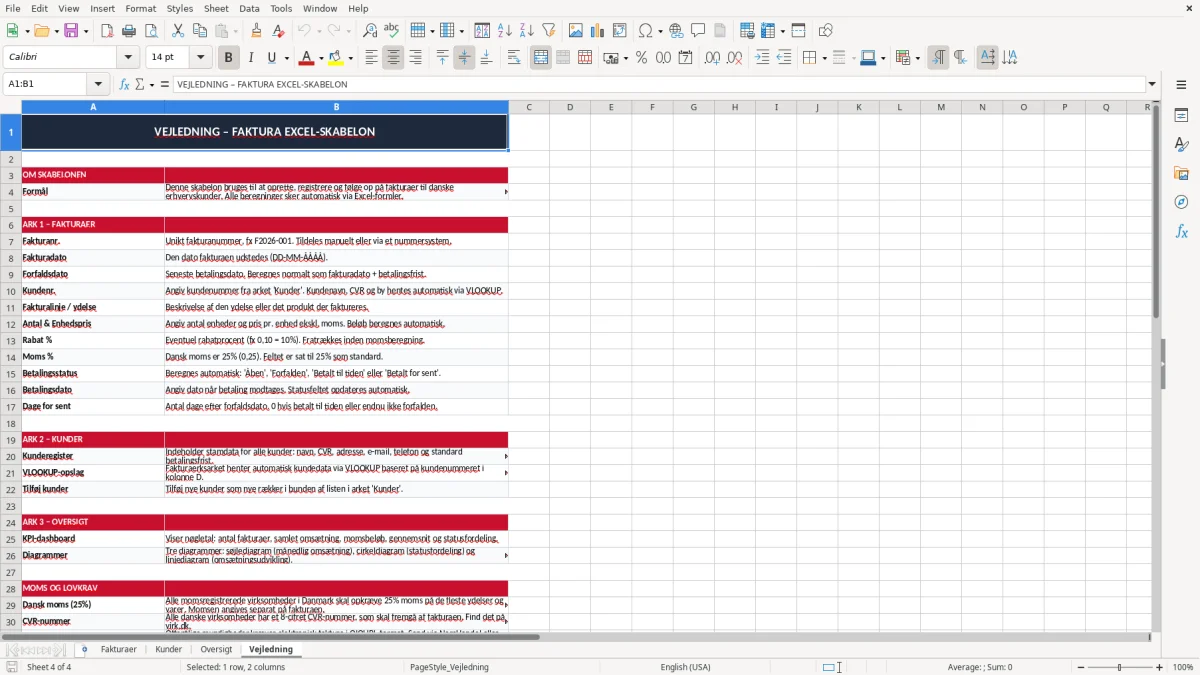 Skærmbillede 4: fanen Vejledning - Excel-skabelon faktura excel skabelon