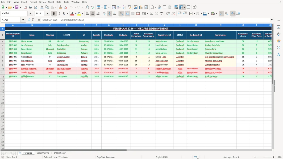 Skærmbillede 1: fanen Ferieplan - Excel-skabelon ferieplan excel skabelon
