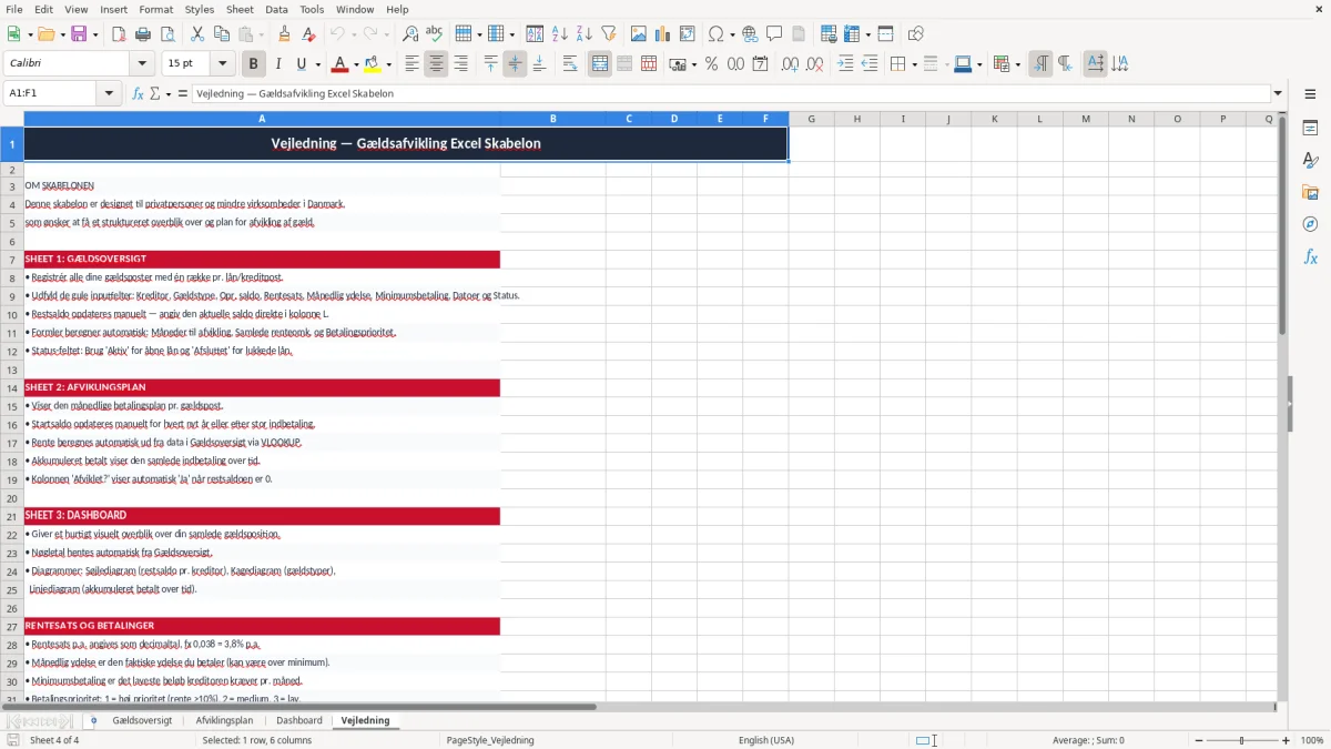 Skærmbillede 4: fanen Vejledning - Excel-skabelon gældsafvikling excel skabelon