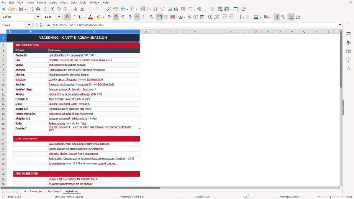 Skærmbillede 3: fanen Vejledning - Excel-skabelon gantt diagram excel skabelon