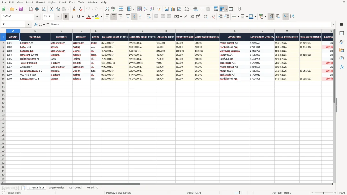 Skærmbillede 1: fanen Inventarliste - Excel-skabelon inventarliste excel skabelon