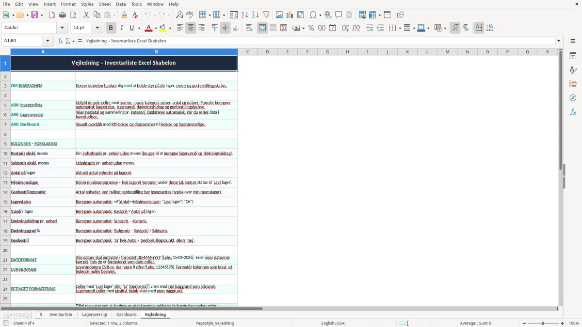Skærmbillede 4: fanen Vejledning - Excel-skabelon inventarliste excel skabelon