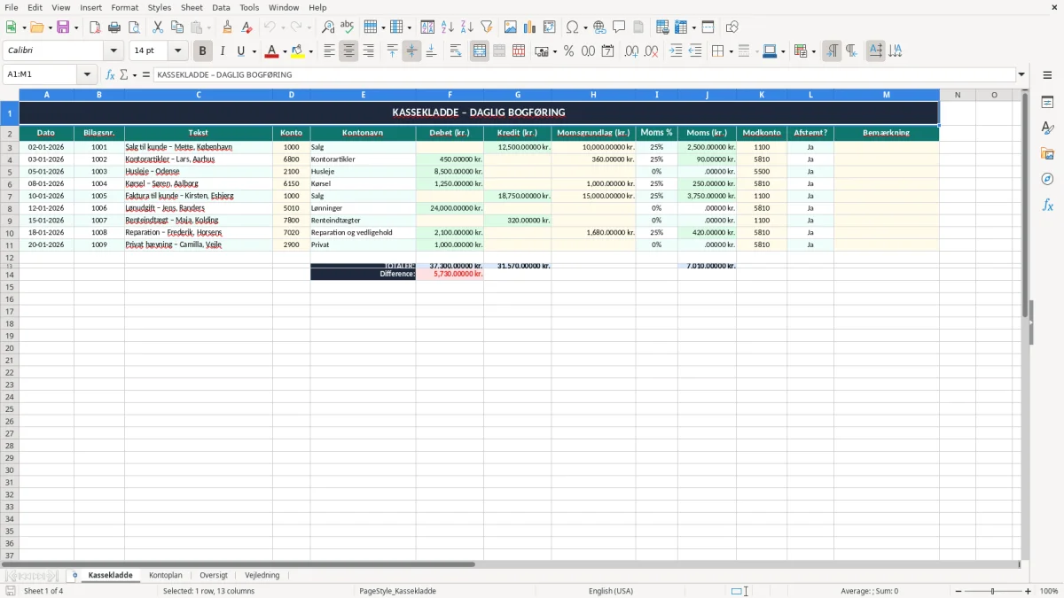 Skærmbillede 1: fanen Kassekladde - Excel-skabelon kassekladde excel skabelon