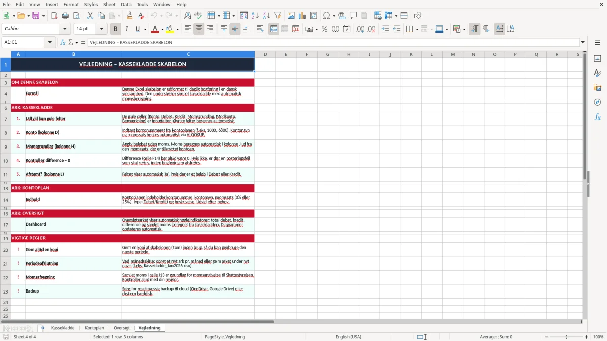 Skærmbillede 4: fanen Vejledning - Excel-skabelon kassekladde excel skabelon