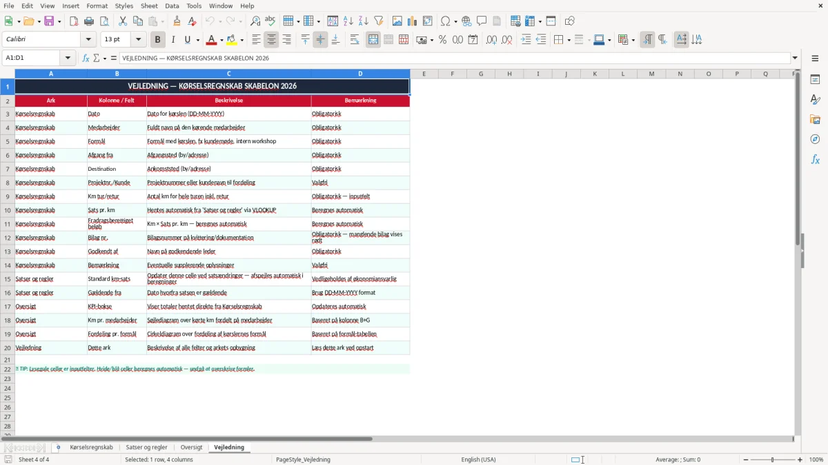 Skærmbillede 4: fanen Vejledning - Excel-skabelon kørselsregnskab excel skabelon