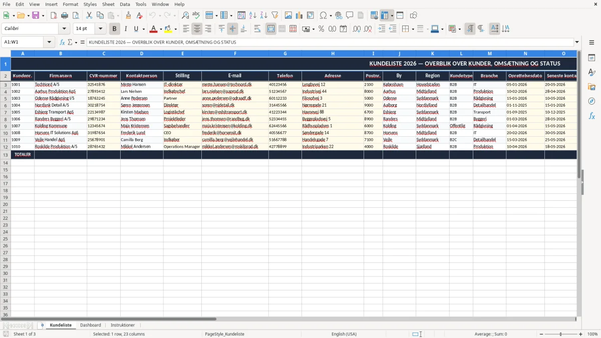 Skærmbillede 1: fanen Kundeliste - Excel-skabelon kundeliste excel skabelon