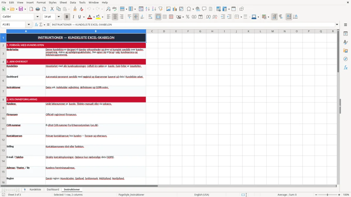 Skærmbillede 3: fanen Instruktioner - Excel-skabelon kundeliste excel skabelon
