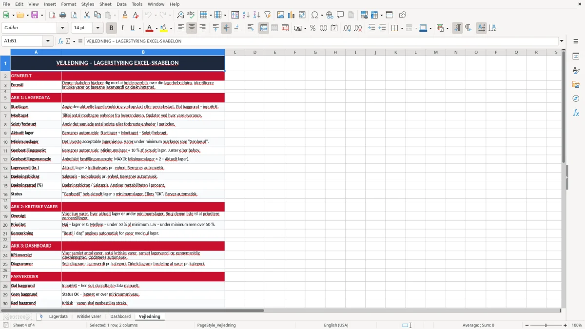Skærmbillede 4: fanen Vejledning - Excel-skabelon lagerstyring excel skabelon