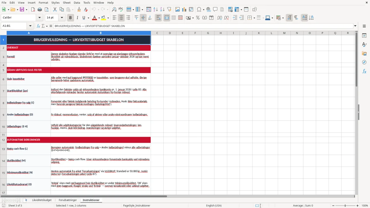 Skærmbillede 3: fanen Instruktioner - Excel-skabelon likviditetsbudget excel skabelon