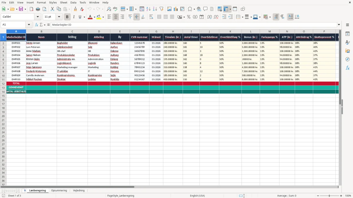 Skærmbillede 1: fanen Lønberegning - Excel-skabelon lønberegning excel skabelon