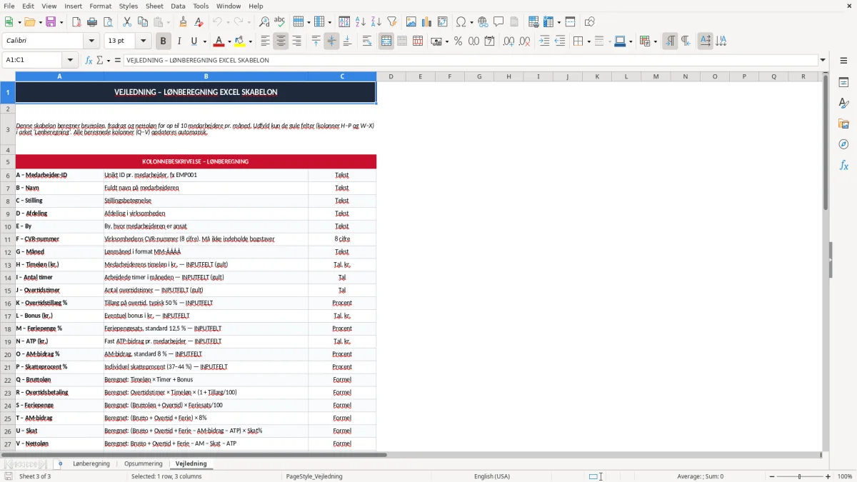 Skærmbillede 3: fanen Vejledning - Excel-skabelon lønberegning excel skabelon