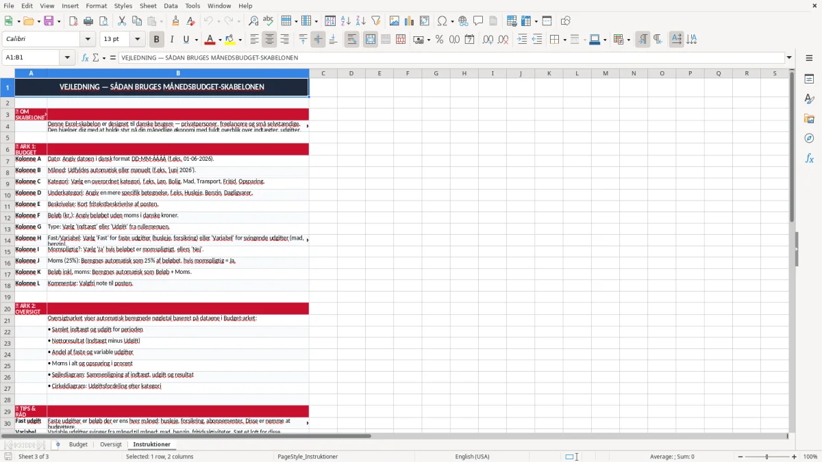 Skærmbillede 3: fanen Instruktioner - Excel-skabelon månedsbudget excel skabelon