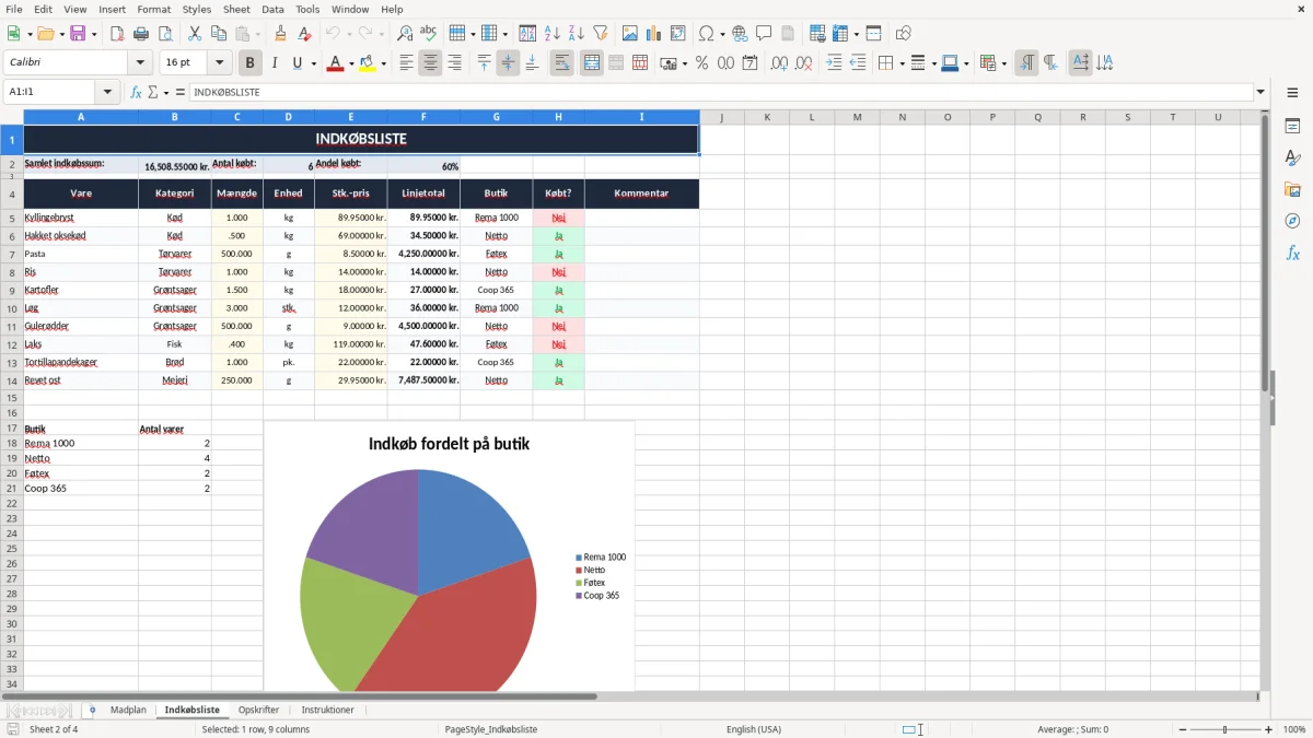 Skærmbillede 2: fanen Indkøbsliste - Excel-skabelon madplan excel skabelon