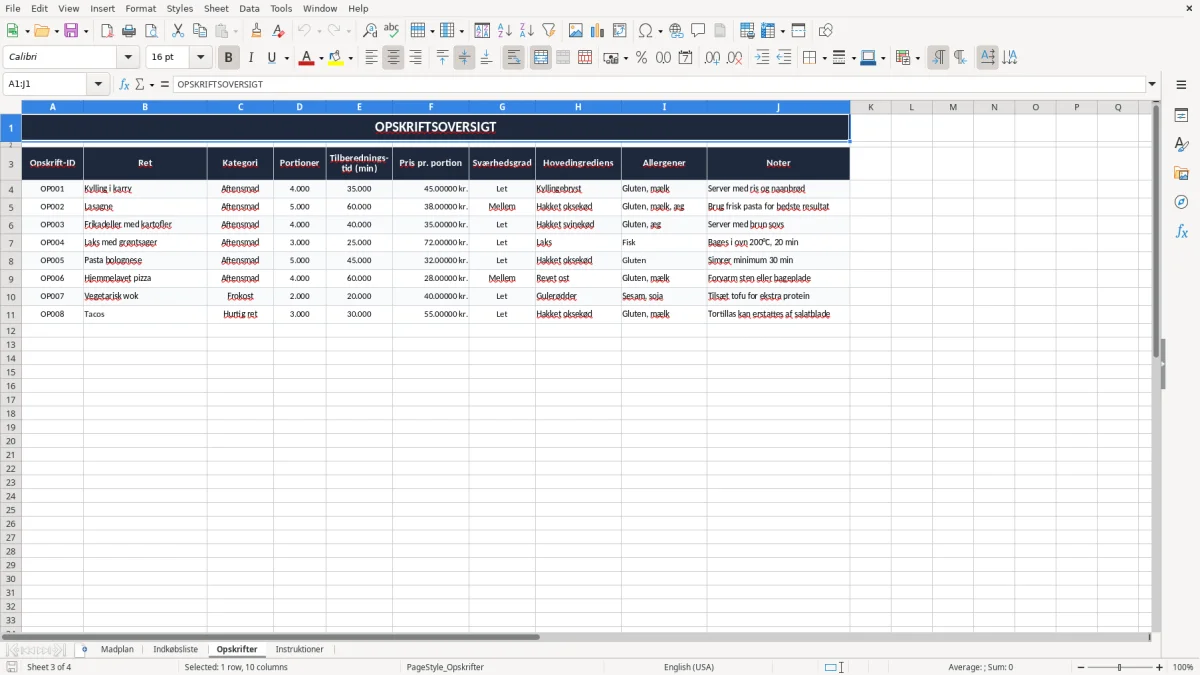 Skærmbillede 3: fanen Opskrifter - Excel-skabelon madplan excel skabelon