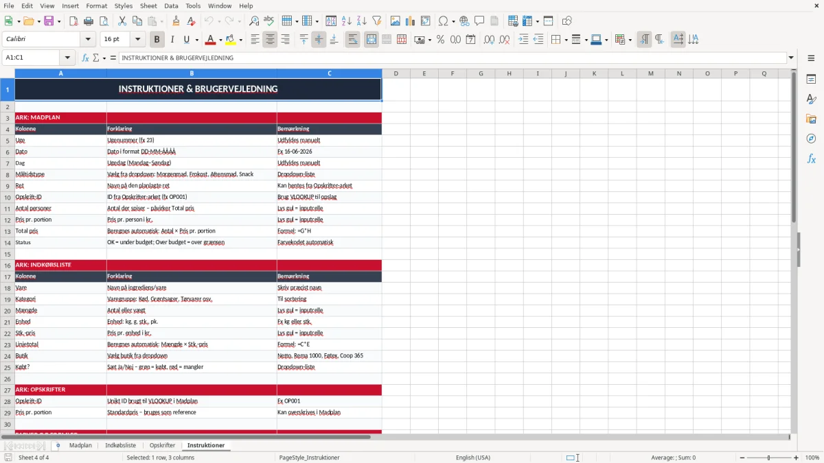 Skærmbillede 4: fanen Instruktioner - Excel-skabelon madplan excel skabelon