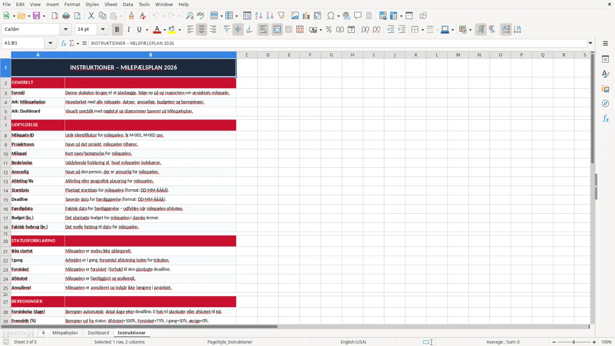 Skærmbillede 3: fanen Instruktioner - Excel-skabelon milepælsplan excel skabelon