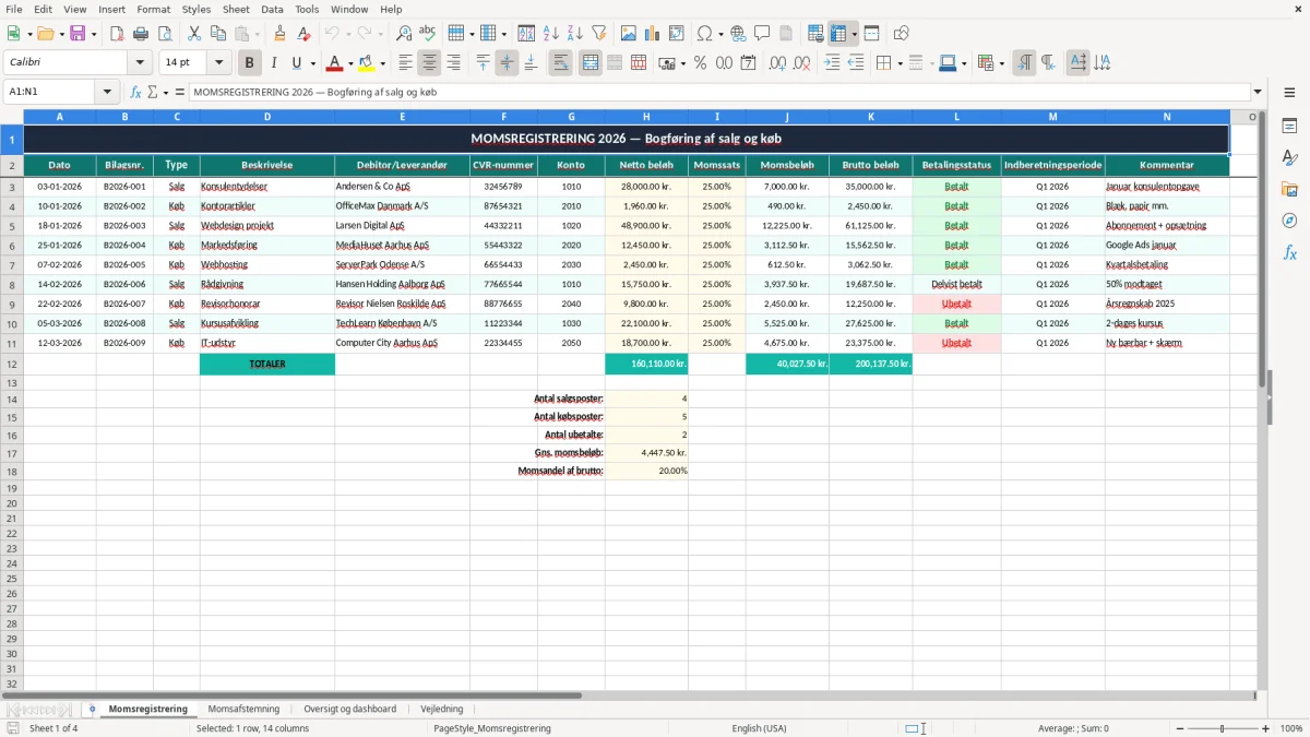 Skærmbillede 1: fanen Momsregistrering - Excel-skabelon momsregnskab excel skabelon