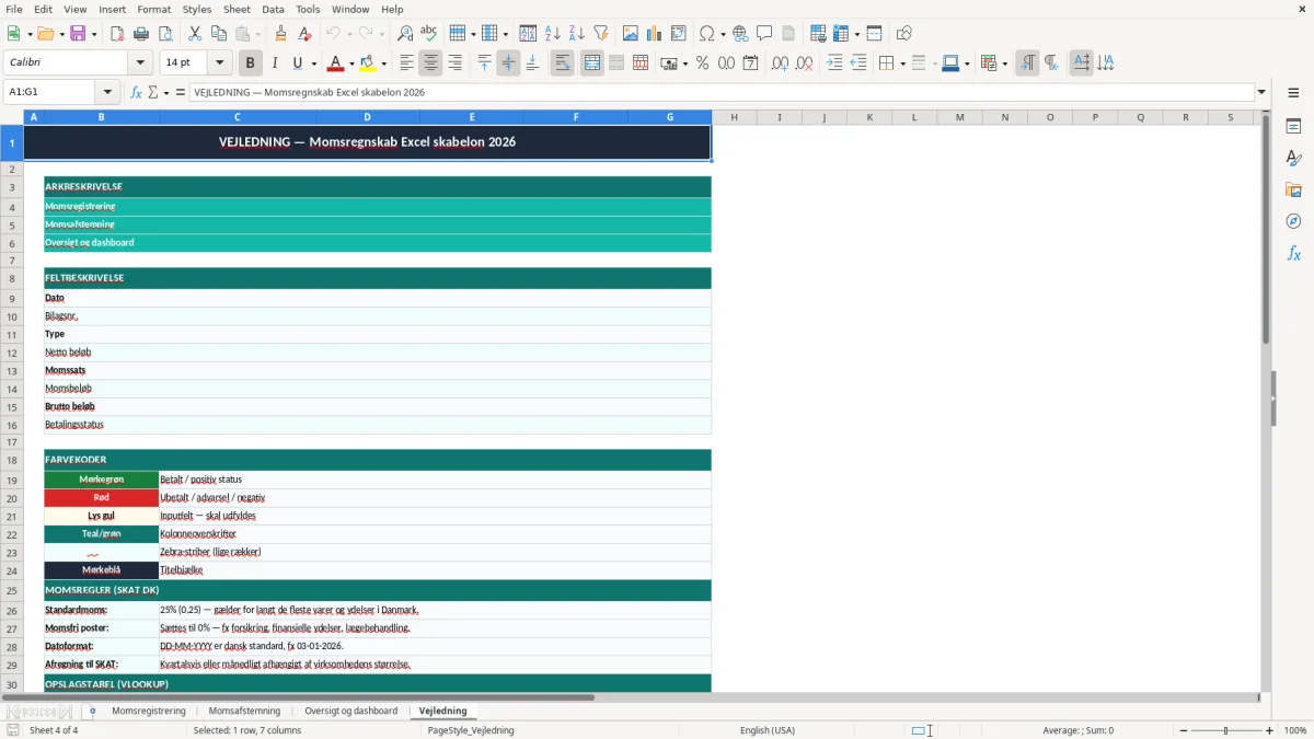 Skærmbillede 4: fanen Vejledning - Excel-skabelon momsregnskab excel skabelon