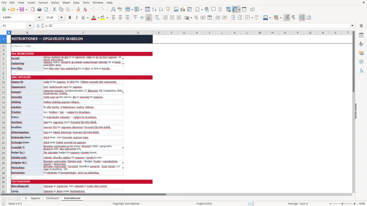Skærmbillede 3: fanen Instruktioner - Excel-skabelon opgaveliste excel skabelon