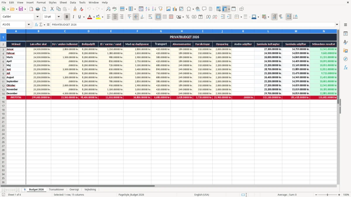 Skærmbillede 1: fanen Budget 2026 - Excel-skabelon privatbudget excel skabelon