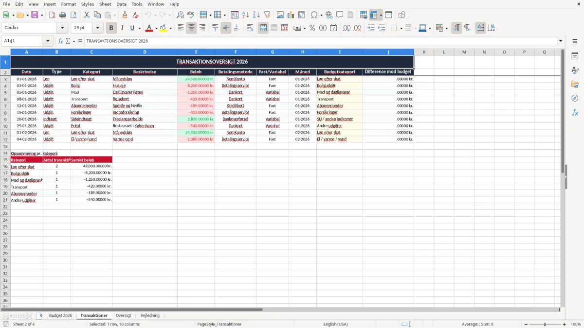 Skærmbillede 2: fanen Transaktioner - Excel-skabelon privatbudget excel skabelon