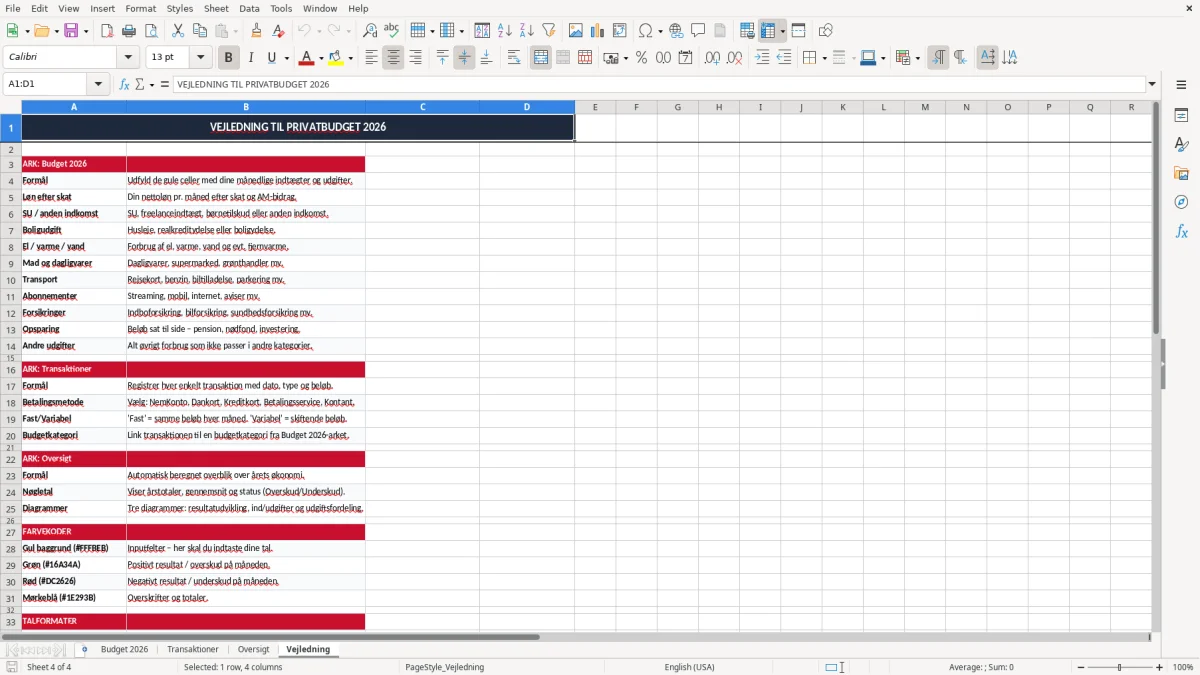 Skærmbillede 4: fanen Vejledning - Excel-skabelon privatbudget excel skabelon