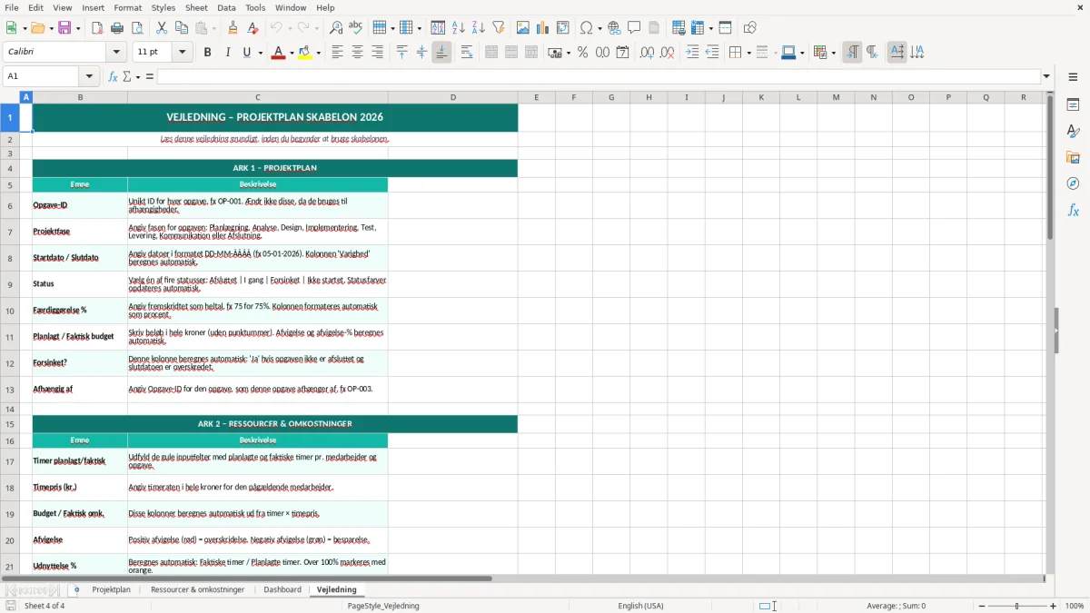 Skærmbillede 4: fanen Vejledning - Excel-skabelon projektplan excel skabelon