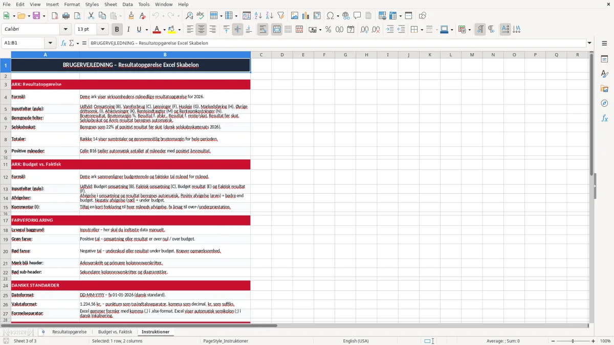 Skærmbillede 3: fanen Instruktioner - Excel-skabelon resultatopgørelse excel skabelon