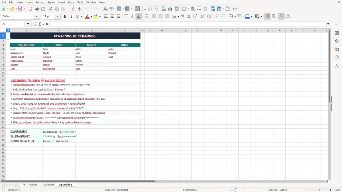 Skærmbillede 3: fanen Opsætning - Excel-skabelon salgspipeline excel skabelon