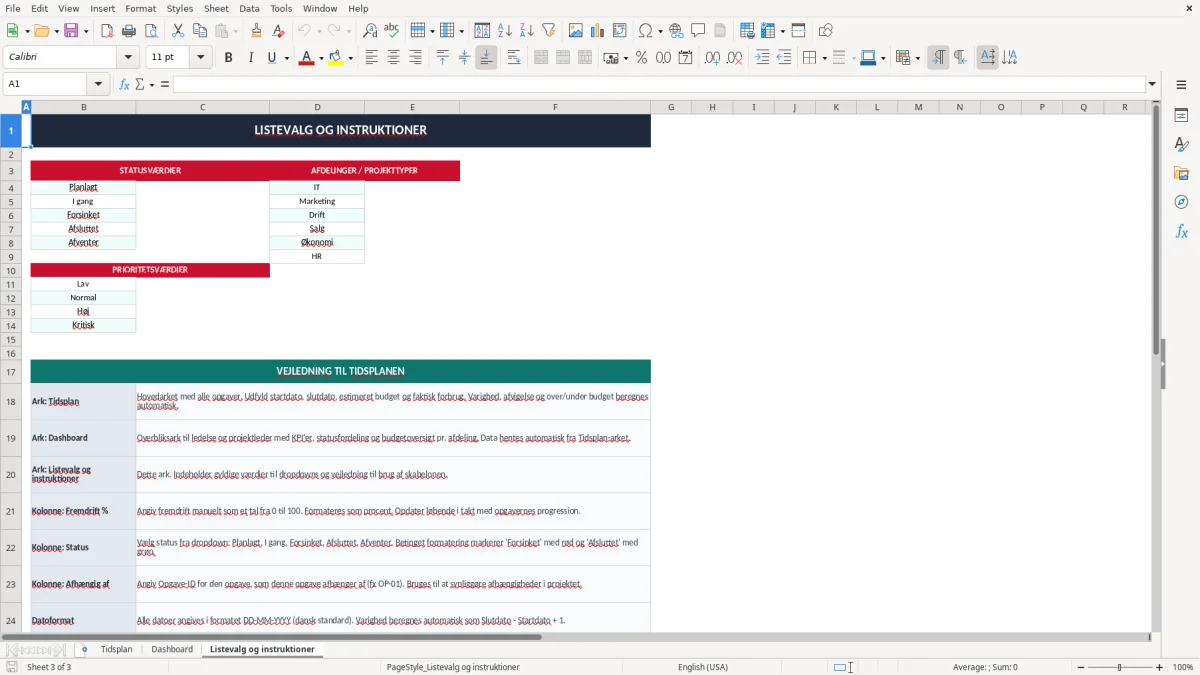 Skærmbillede 3: fanen Listevalg og instruktioner - Excel-skabelon tidsplan excel skabelon