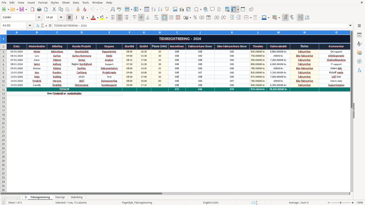Skærmbillede 1: fanen Tidsregistrering - Excel-skabelon tidsregistrering excel skabelon