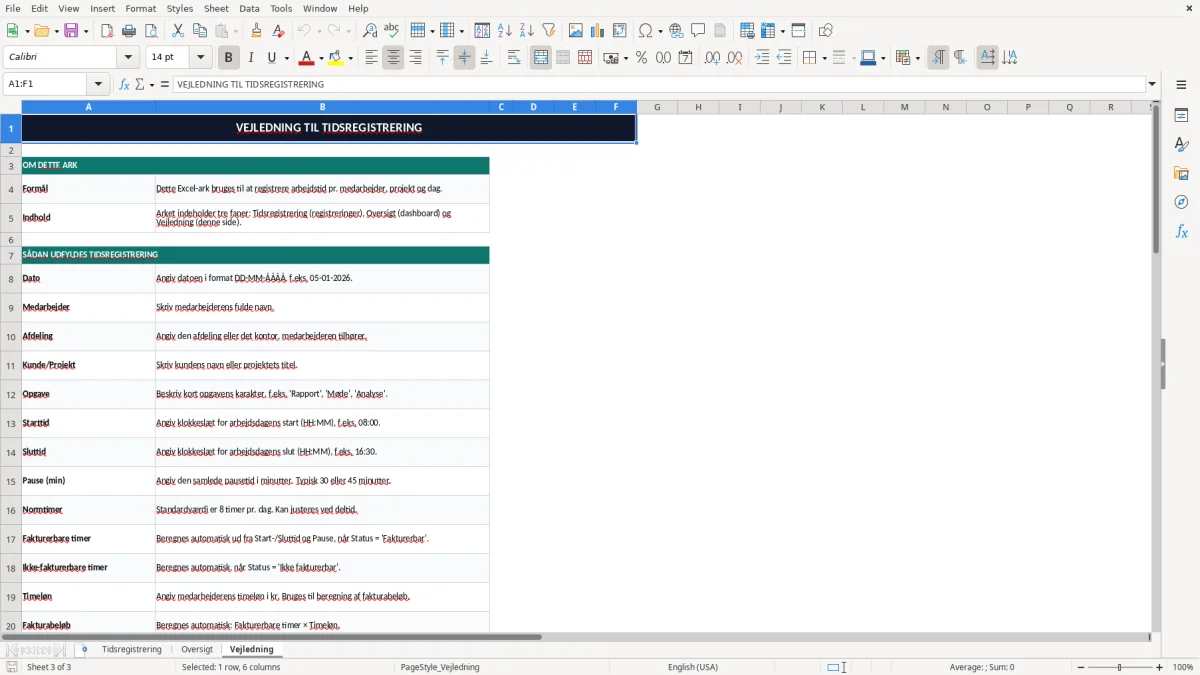 Skærmbillede 3: fanen Vejledning - Excel-skabelon tidsregistrering excel skabelon