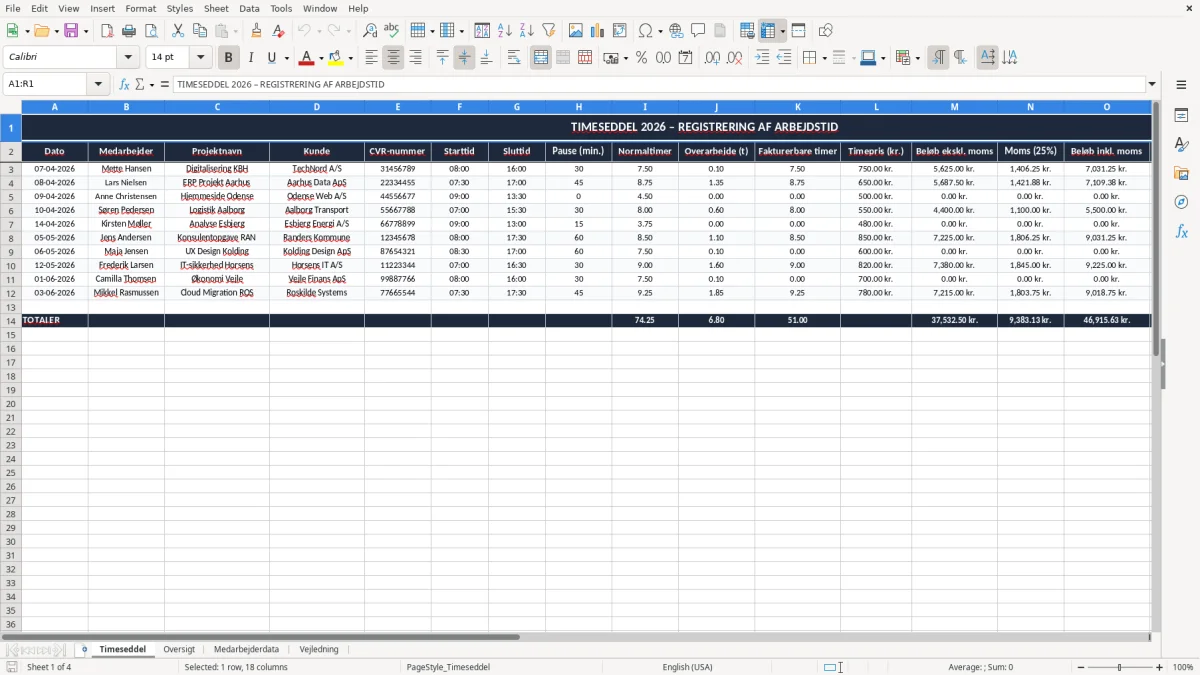 Skærmbillede 1: fanen Timeseddel - Excel-skabelon timeseddel excel skabelon