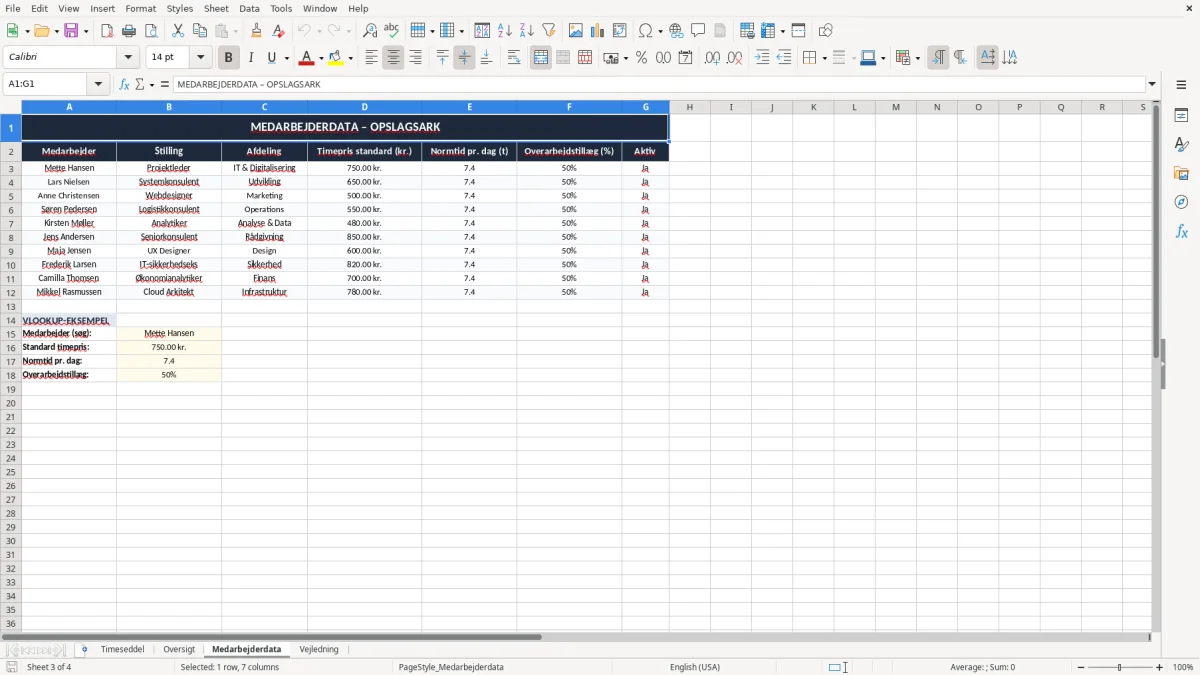 Skærmbillede 3: fanen Medarbejderdata - Excel-skabelon timeseddel excel skabelon