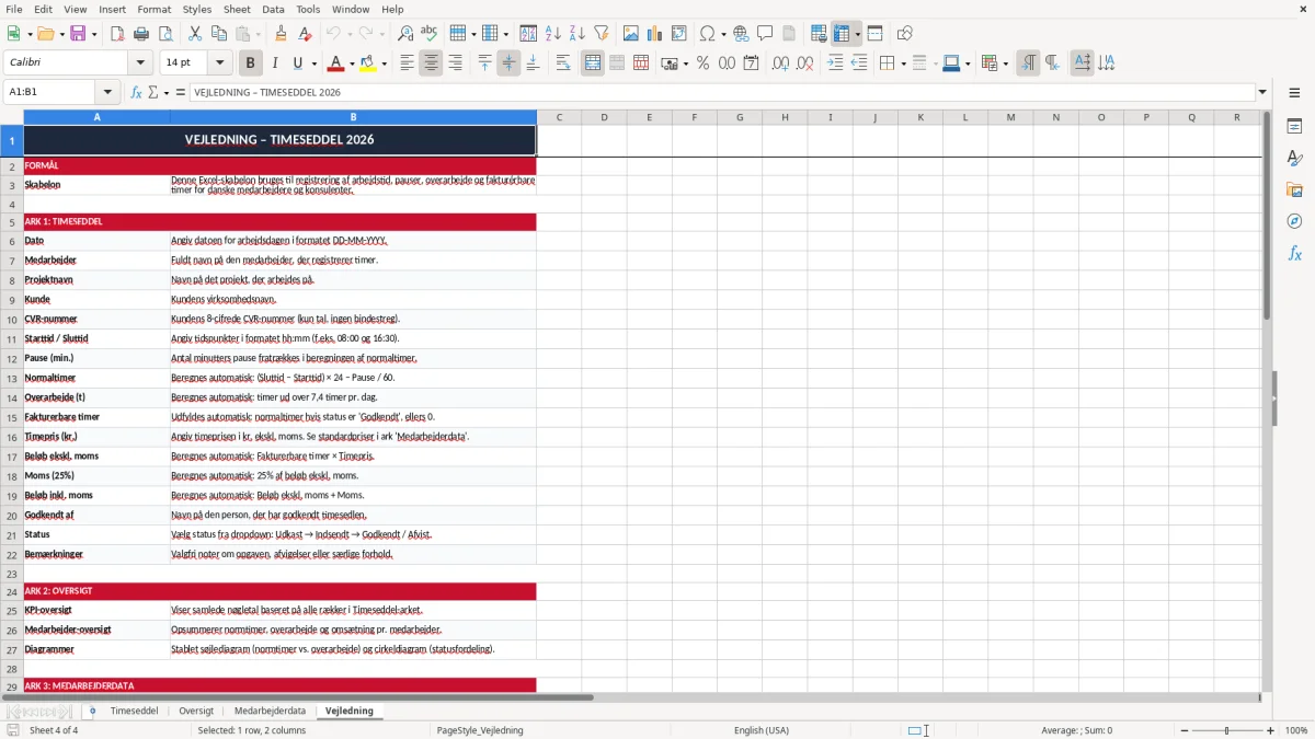 Skærmbillede 4: fanen Vejledning - Excel-skabelon timeseddel excel skabelon
