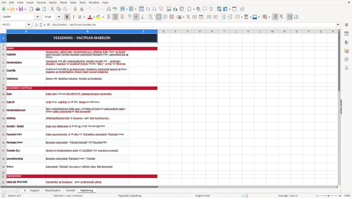 Skærmbillede 4: fanen Vejledning - Excel-skabelon vagtplan excel skabelon