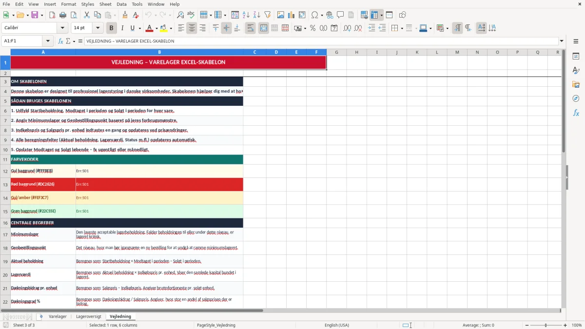 Skærmbillede 3: fanen Vejledning - Excel-skabelon varelager excel skabelon