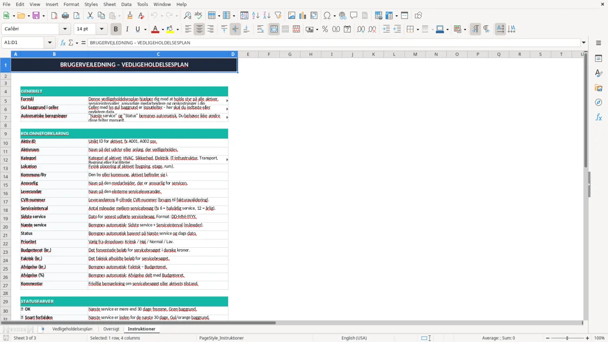 Skærmbillede 3: fanen Instruktioner - Excel-skabelon vedligeholdelsesplan excel skabelon