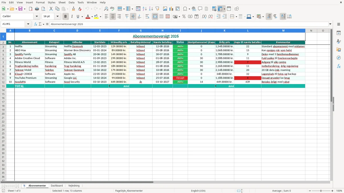 Skærmbillede 1: fanen Abonnementer - Excel-skabelon abonnementsoversigt excel skabelon