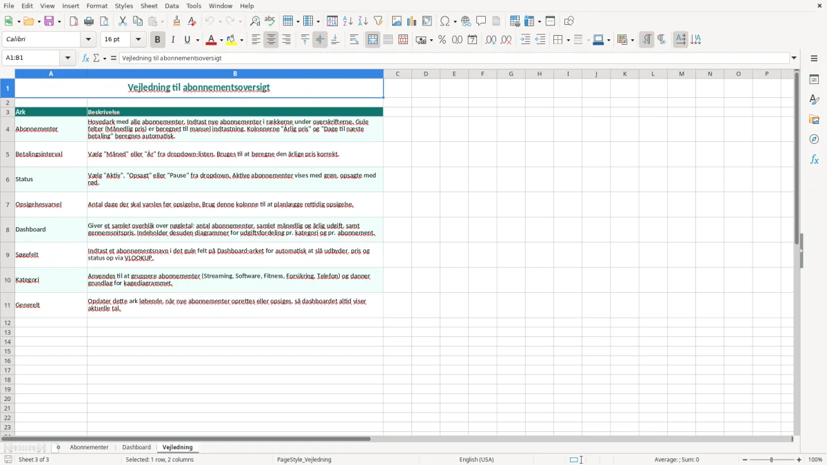 Skærmbillede 3: fanen Vejledning - Excel-skabelon abonnementsoversigt excel skabelon