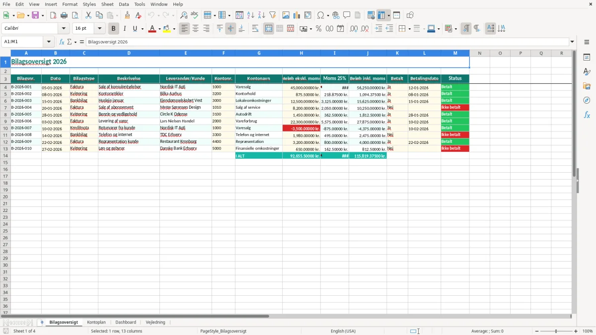 Skærmbillede 1: fanen Bilagsoversigt - Excel-skabelon bilagsoversigt excel skabelon