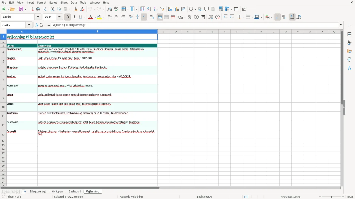 Skærmbillede 4: fanen Vejledning - Excel-skabelon bilagsoversigt excel skabelon