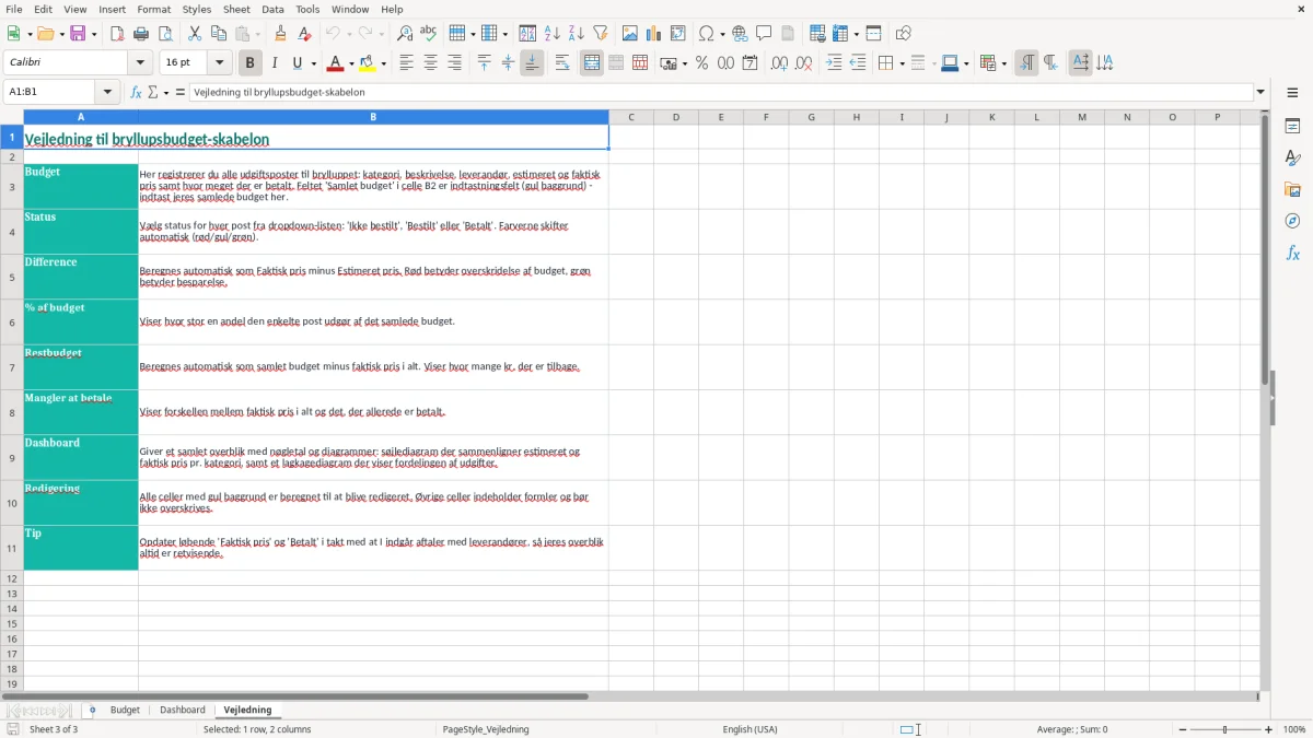 Skærmbillede 3: fanen Vejledning - Excel-skabelon bryllupsbudget excel skabelon