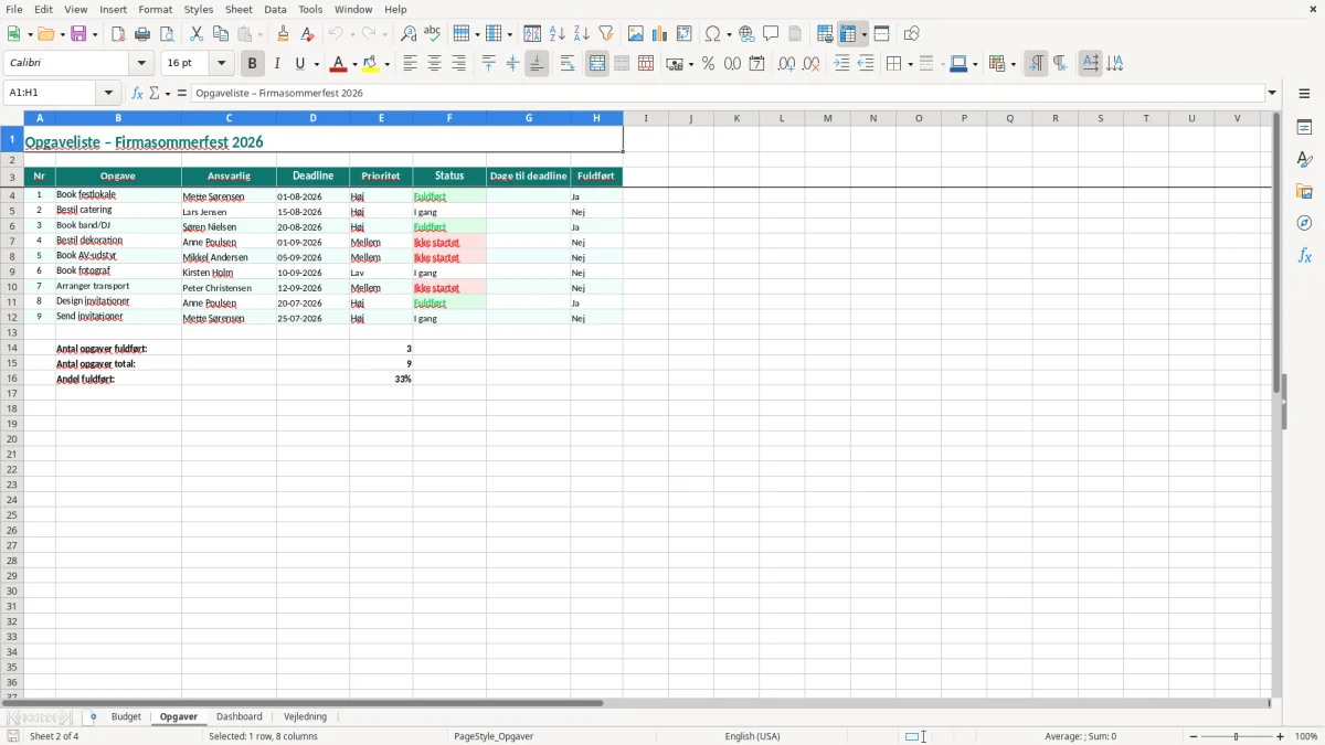 Skærmbillede 2: fanen Opgaver - Excel-skabelon eventplanlægning excel skabelon
